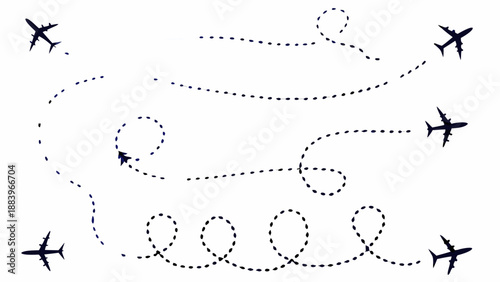 A vector graphic illustration of airplanes flying in different directions with dotted lines