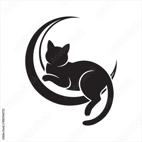 Black cat silhouette resting on crescent moon isolated on white background