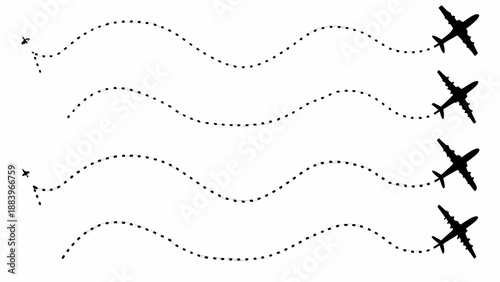A minimalist vector graphic illustration of airplanes flying in formation with dotted lines