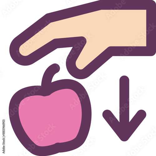 Hand dropping apple icon representing gravity, motion and force for physics lessons, Newton’s law demonstrations, science worksheets and kid activities

