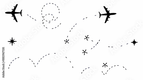 A minimalist vector graphic illustrating airplane flight paths with dotted lines and silhouettes
