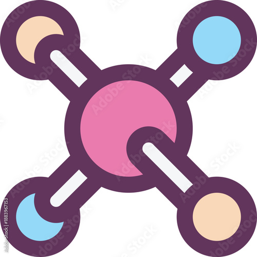 Colorful molecular model icon with central atom and bonds for chemistry, biochemistry, nanotechnology concepts, STEM education and scientific infographics

