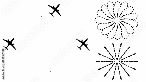 A minimalist vector graphic illustration of airplanes flying near abstract dotted explosion designs
