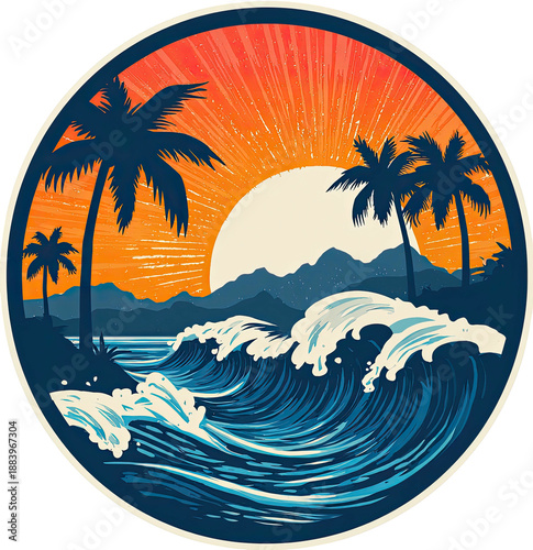 Graphic of a circular ocean scene with palm trees, a big wave, sun, mountains, & a bright orange sky