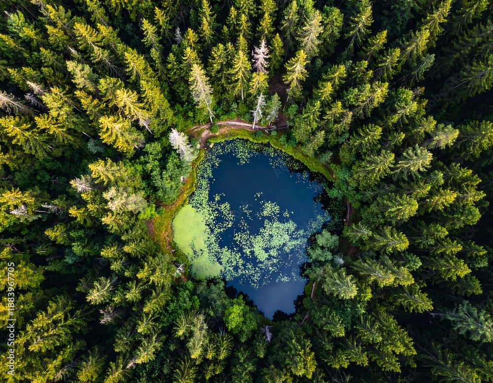 Fototapeta premium Aerial view of a serene forest lake surrounded by lush green trees