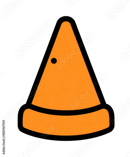 Bold orange conical shape on black background, resembling a traffic control device. A small dot is on it