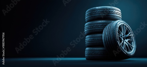 Stacked car tires with a shiny alloy wheel on a gradient blue-black background, studio lighting