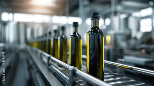 Olive Oil Production Line: A sleek and efficient production line processes bottles of premium olive oil, showcasing the journey from harvest to market.