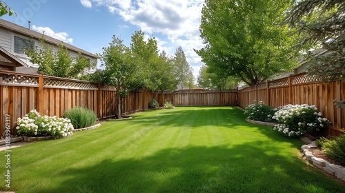 Empty Backyard with Pristine Grass and Wooden Fence for Negative Space