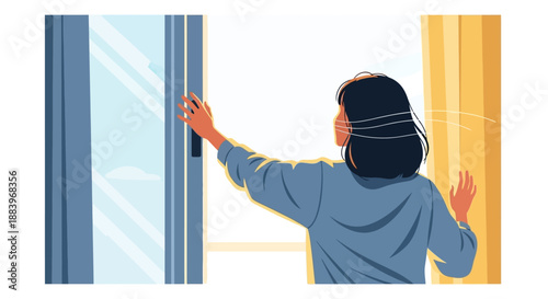 Woman opening a window to let in fresh air and natural light in a serene indoor environment viewed from behind
