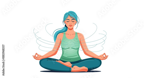 A serene female figure meditates peacefully with subtle energy waves surrounding her body, depicting a state of inner calm and spiritual connection.