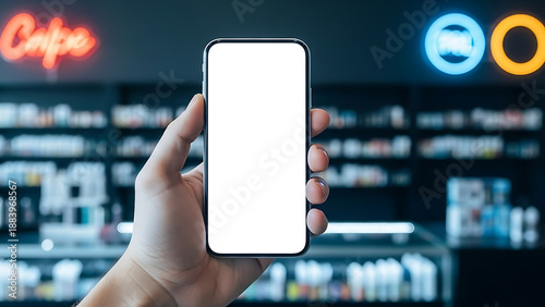 Hands Holding Smartphone with Blank Screen in Modern CafÃ© or Bar