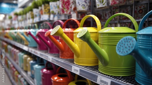 Plastic watering cans displayed in store aisle - clean product arrangement for retail marketing