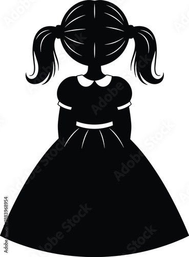 Cute little girl silhouette vector illustration with pigtail hairstyle, wearing dress, back view child design, adorable young female kid artwork drawing