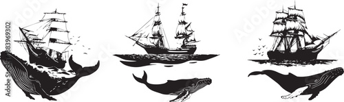 Journey through the Sea: A monochrome depiction of majestic whales accompanying ships across the vast sea, illustrating a tale of exploration and the bond between marine life and seafaring vessels.