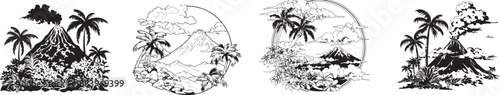 Tropical Island Illustration: a compilation of illustrative scenes presents the tranquil allure of tropical islands. capturing the natural splendor of islands and volcanic mountains.