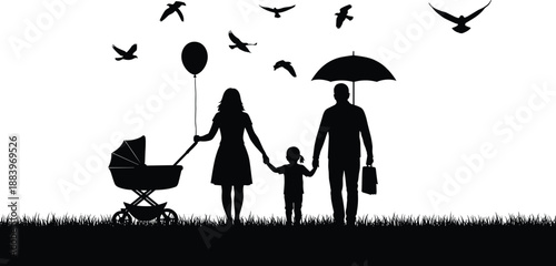 PrintFamily outdoor silhouette vector illustration, parenting and childhood bonding, stroller and umbrella scene, black icon design for lifestyle, care, and togetherness concept