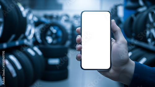 Person Holding Smartphone with Blank Screen in Tire Shop