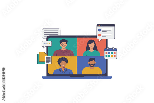 A group of diverse people participating in a virtual meeting on a laptop