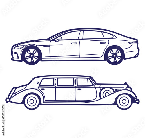 Vector illustration featuring modern sedan and classic limousine outlines in detailed blue