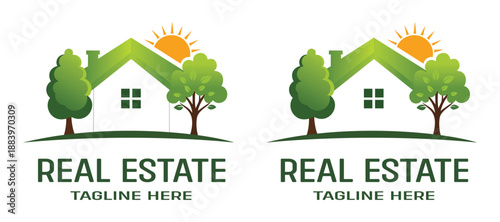Eco Friendly Real Estate Logo with Green House Trees and Sun - Professional Sustainable Property Management and Suburban Residential Housing Vector