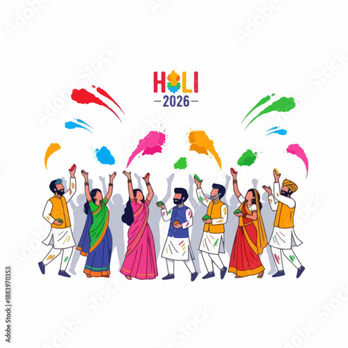 Indian men and women in traditional clothes celebrating Holi festival, tossing colorful powder into the air.