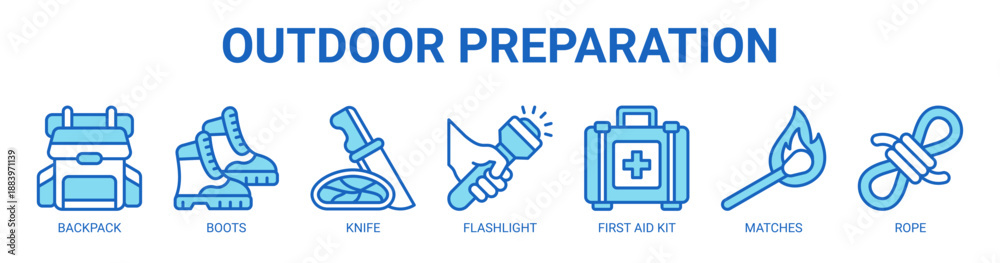 Fototapeta premium Outdoor Preparation web banner icon vector illustration concept with icon of backpack, boots, knife, flashlight, first aid kit, matches, rope.
