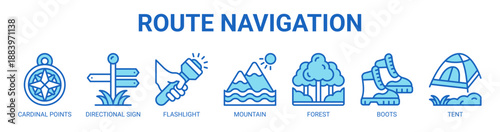 Route Navigation web banner icon vector illustration concept with icon of cardinal points, directional sign, flashlight, mountain, forest, boots.