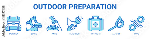 Outdoor Preparation web banner icon vector illustration concept with icon of backpack, boots, knife, flashlight, first aid kit, matches, rope.