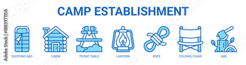 Camp Establishment web banner icon vector illustration concept with icon of tent, sleeping bag, cabin, picnic table, lantern, rope, folding chair.