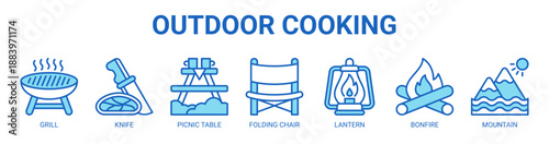 Outdoor Cooking web banner icon vector illustration concept with icon of teapot, grill, knife, picnic table, folding chair, lantern, bonfire.