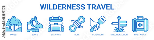 Wilderness Travel web banner icon vector illustration concept with icon of mountain, forest, boots, backpack, rope, flashlight, directional sign.