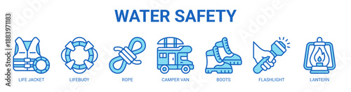 Water Safety web banner icon vector illustration concept with icon of fishing rod, life jacket, lifebuoy, rope, camper van, boots, flashlight.