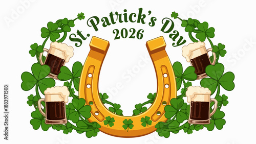 St. Patrick's Day 2026 Celebration: Golden Horseshoe Surrounded by Beer Mugs, Shamrocks, and Festive Elements