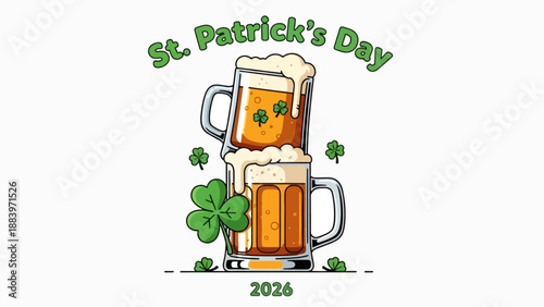 Two festive St. Patrick's Day beer mugs with foam and shamrocks for your holiday design