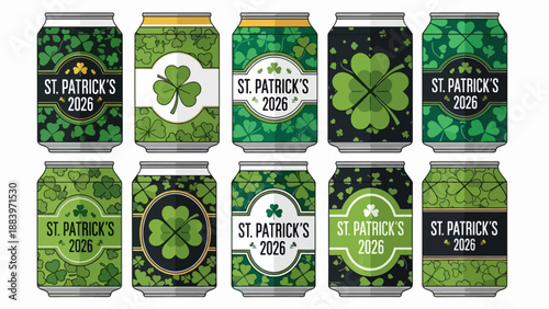 St. Patrick's Day 2026 Beer Can Designs Featuring Shamrocks, Green Patterns, and Festive Text