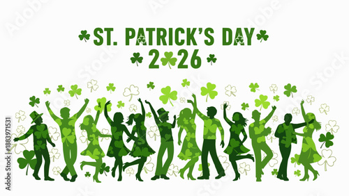 Happy St. Patrick's Day celebration with dancing people and shamrock decorations
