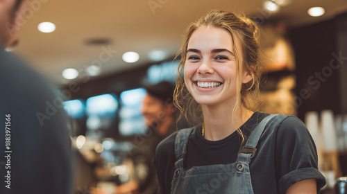 cheerful young female barista smiling while serving coffee to a customer, happy university student working part-time in a modern cafe, friendly hospitality and service concept in a coffee shop.