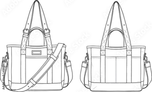 Handbag front and back vector line illustration with shoulder strap isolated on white background for fashion accessory design templates