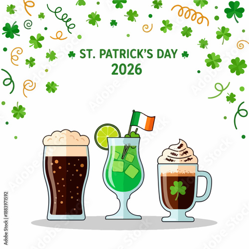 St. Patrick's Day celebration with three drinks: stout, green cocktail, and coffee