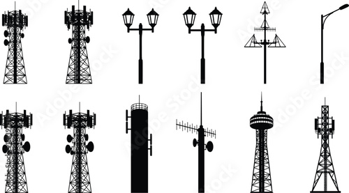 Telecommunication towers and street light silhouettes vector set featuring antennas masts and urban infrastructure icons isolated on white background