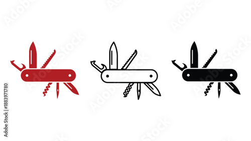 A set of three Swiss Army knives in different colors on a white background