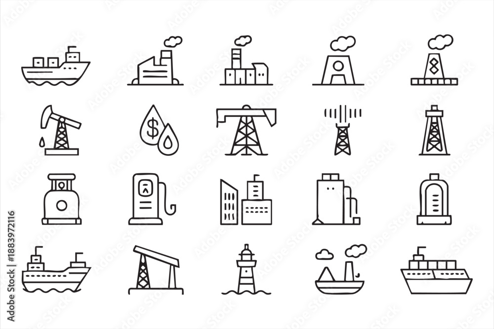Fototapeta premium Oil Refinery and Drilling Icons for Energy Sector UI