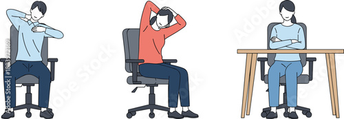 Office chair stretching exercises illustration showing seated posture correction and relaxation movements, workplace wellness and ergonomic health vector isolated on white