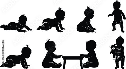 Baby growth stages silhouette set showing crawling, sitting, standing and playing infant poses, child development concept vector isolated on white