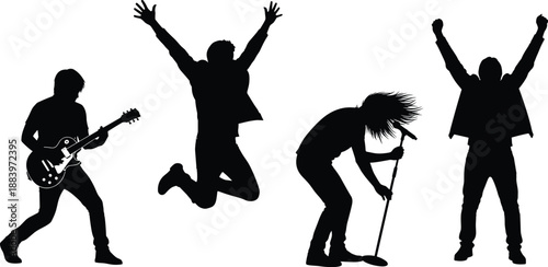 Rock band musician silhouettes performing live concert, guitarist singer jumping poses, music festival energy, stage performance, isolated white background vector