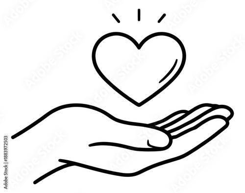 Hand drawn line art illustration of a hand and heart depicting offering love and care for charity and support