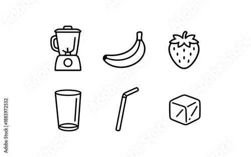 Simple line art icons for making a strawberry banana smoothie with a blender and ice