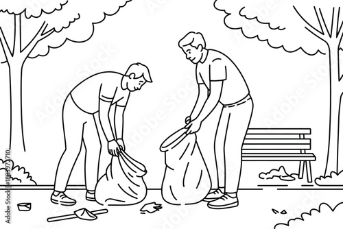 Two men picking up trash in a park with trees and a bench