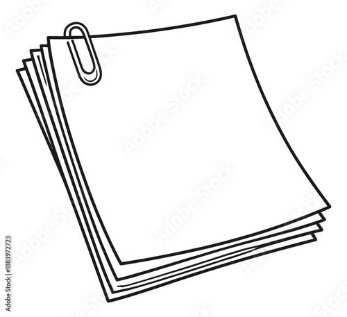 Hand drawn line art illustration of papers depicting a paperclip holding blank sheets for office stationery